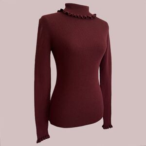 Boden Ribbed Ruffled Turtleneck Sweater Size S Burgundy Preppy Career Academia